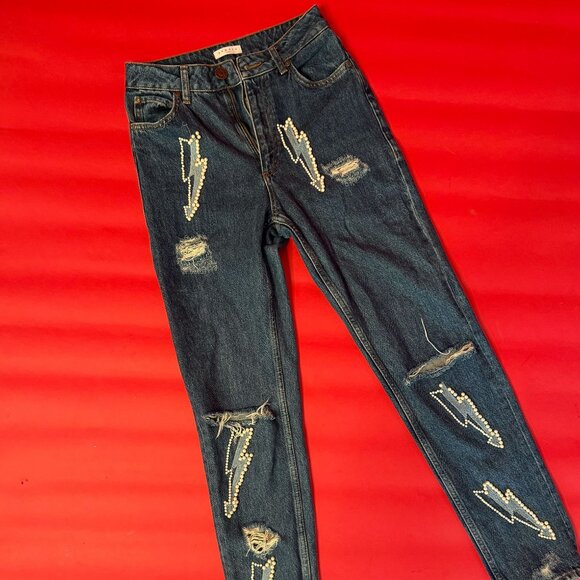 Striking Sandro Pearl-Embellished Jeans – French Designer Denim - Size US 2 - Picture 6 of 12